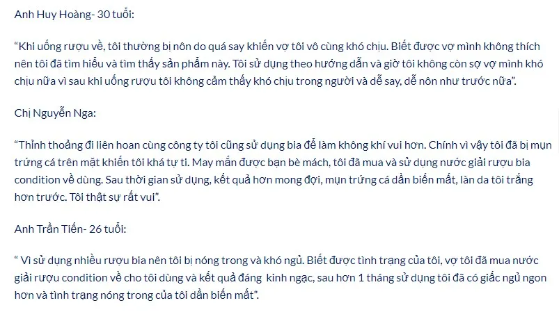 Phản hồi t&iacute;ch cực về nước giải rượu Condition H&agrave;n Quốc từ người d&ugrave;ng trước