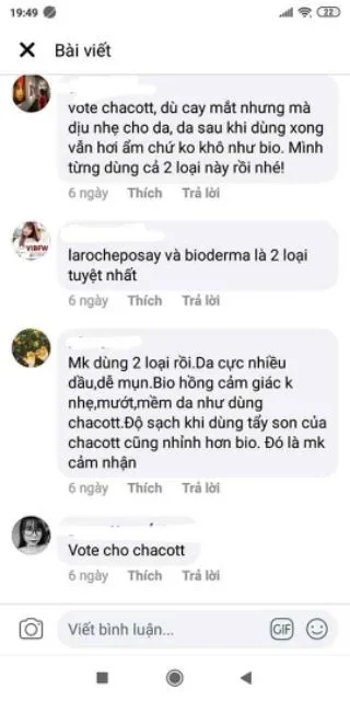 Đ&aacute;nh gi&aacute; của kh&aacute;ch h&agrave;ng về nước tẩy trang Chacott tr&ecirc;n facebook
