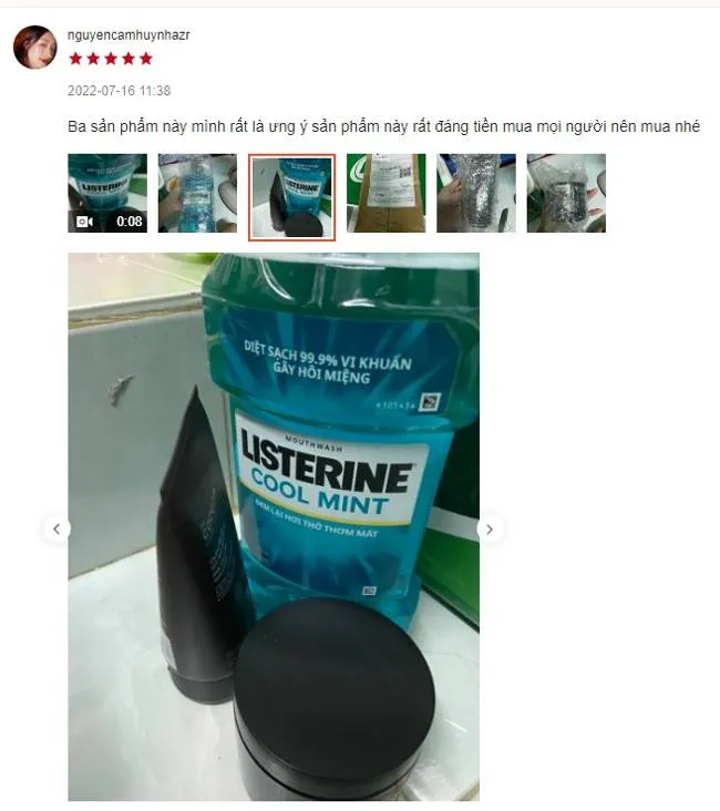 Review của kh&aacute;ch h&agrave;ng về nước s&uacute;c miệng Listerine tr&ecirc;n c&aacute;c s&agrave;n thương mại