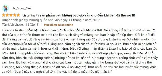 Sản phẩm nước s&uacute;c miệng Listerine cũng nhận được nhiều lời khen từ kh&aacute;ch h&agrave;ng thế giới tại Amazon