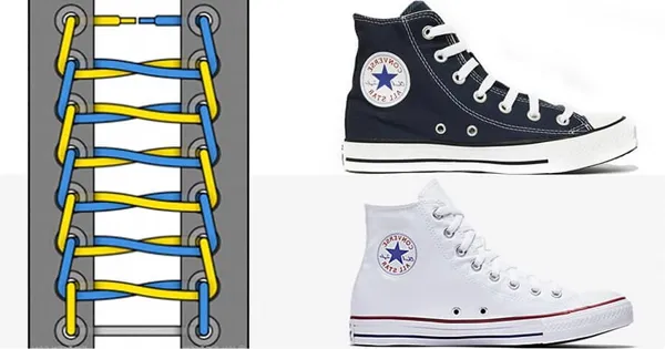 C&aacute;ch thắt d&acirc;y gi&agrave;y Converse cổ cao 7 lỗ h&igrave;nh thang đẹp