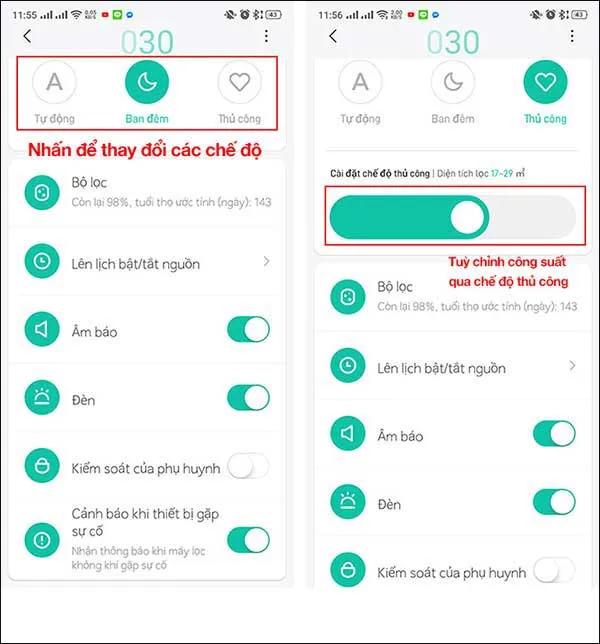 Thiết lập chế độ hoạt động bằng app Mi Home