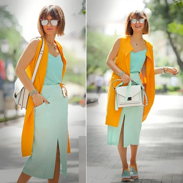 Mix t&uacute;i x&aacute;ch m&agrave;u trắng c&ugrave;ng trang phục sặc sỡ