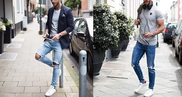 Phối đồ với gi&agrave;y Adidas trắng nam c&ugrave;ng &aacute;o thun v&agrave; quần jeans