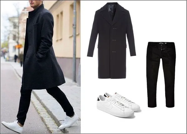 Gi&agrave;y Adidas nam phối c&ugrave;ng &aacute;o dạ d&aacute;ng d&agrave;i