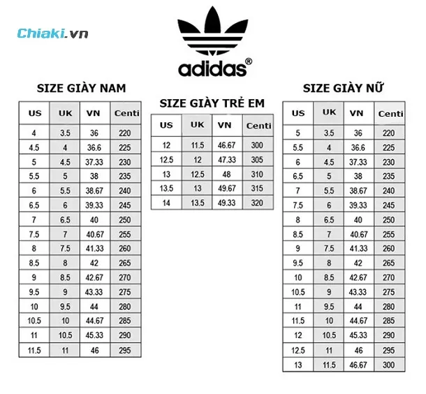 Bảng size gi&agrave;y Adidas