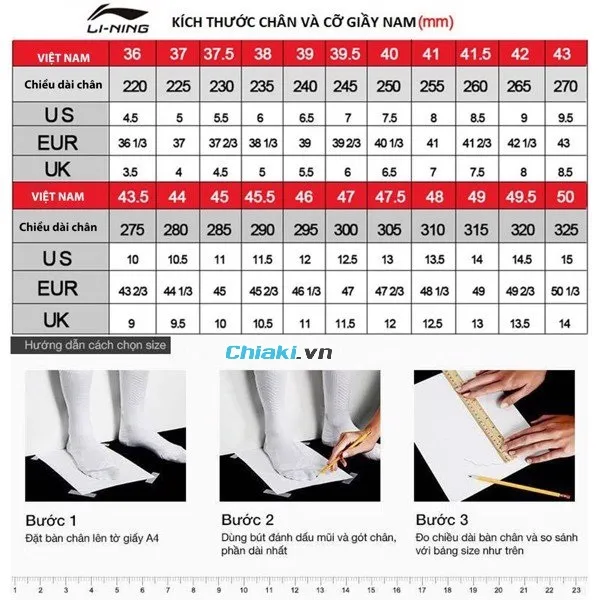 Bảng size gi&agrave;y Lining