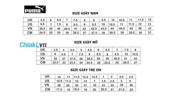 Bảng size gi&agrave;y Puma