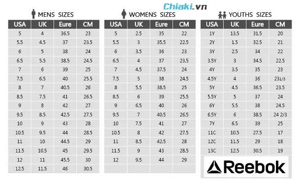 Bảng size gi&agrave;y Reebok