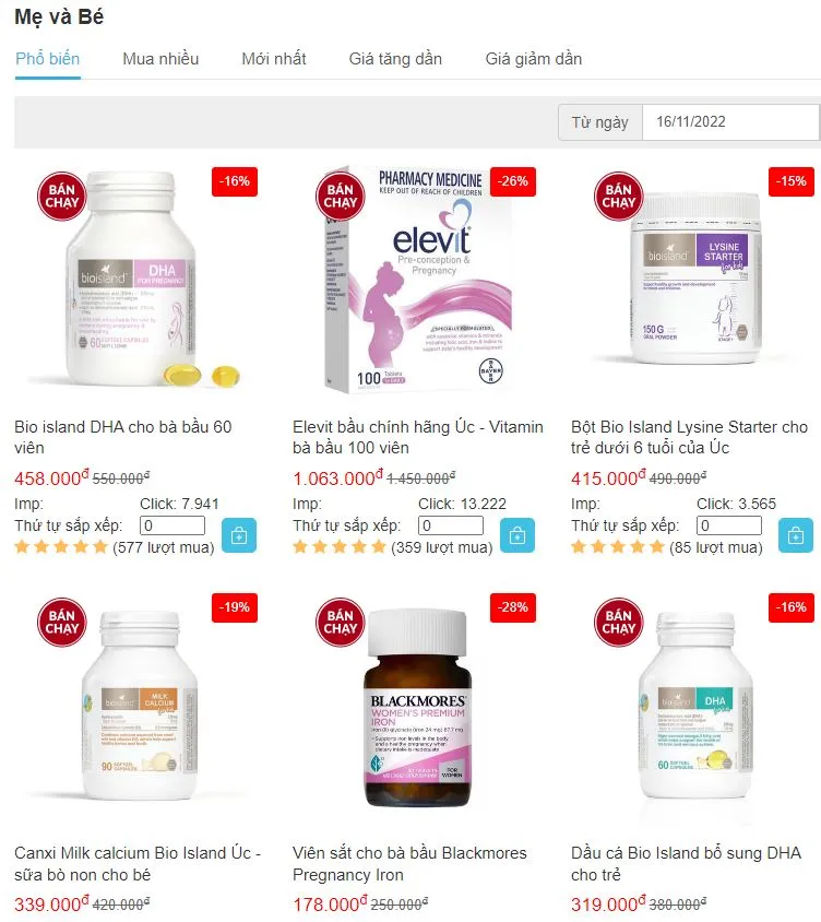 Danh mục c&aacute;c sản phẩm chăm s&oacute;c sức khỏe v&agrave; vitamin cho mẹ v&agrave; b&eacute;