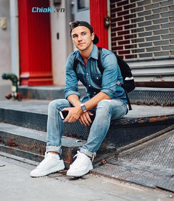 Phối gi&agrave;y Nike Force 1 nam c&ugrave;ng quần jeans + &aacute;o sơ mi
