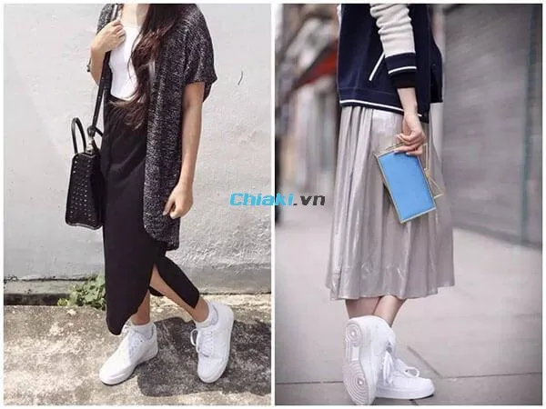 C&aacute;ch phối đồ với gi&agrave;y Nike AF1 nữ c&ugrave;ng ch&acirc;n v&aacute;y + đầm