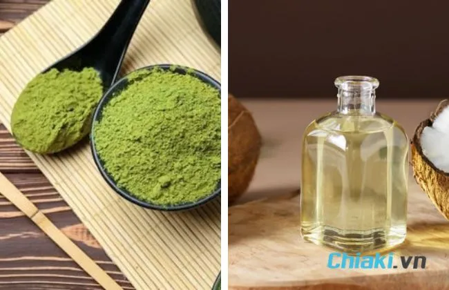 Đắp mặt nạ tr&agrave; xanh v&agrave; dầu dừa