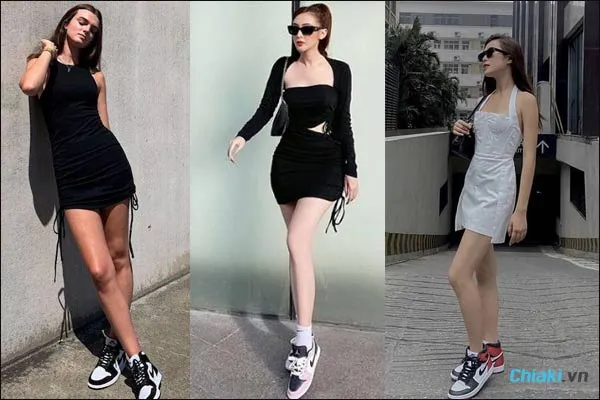phối đồ với gi&agrave;y nike Jordan v&agrave; đầm body cho nữ