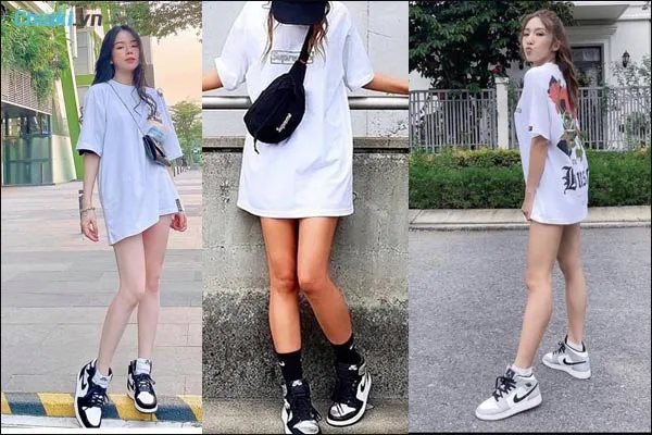 phối đồ với gi&agrave;y nike Jordan v&agrave; &aacute;o thun giấu quần cho nữ
