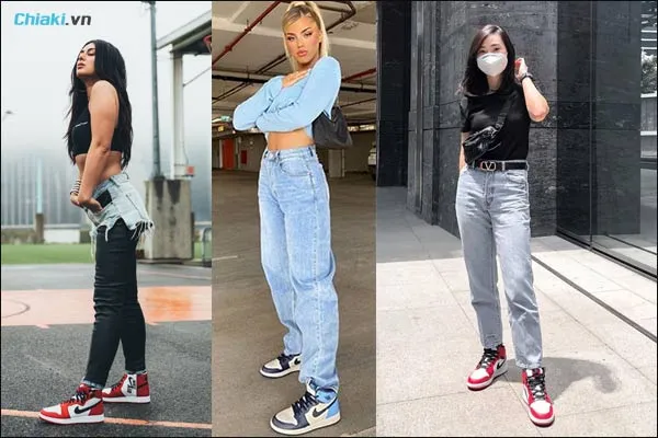phối đồ với gi&agrave;y nike Jordan v&agrave; quần jeans cho nữ