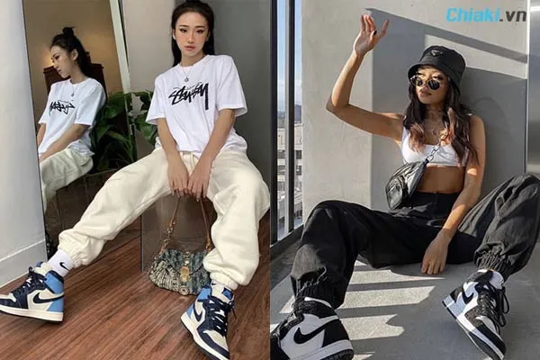 phối đồ với gi&agrave;y nike Jordan v&agrave; quần jogger cho nữ