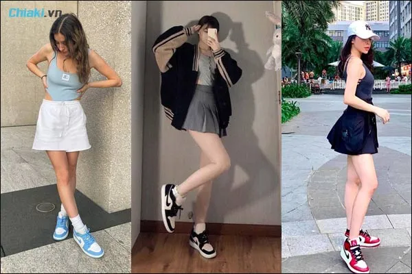 phối đồ với gi&agrave;y nike Jordan v&agrave; ch&acirc;n v&aacute;y cho nữ