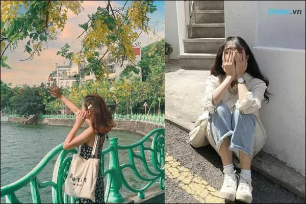 tạo d&aacute;ng chụp ảnh với t&uacute;i x&aacute;ch khi c&oacute; &aacute;nh mặt trời