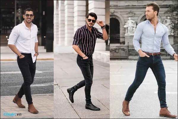 phối đồ với gi&agrave;y boot nam v&agrave; &aacute;o sơ mi