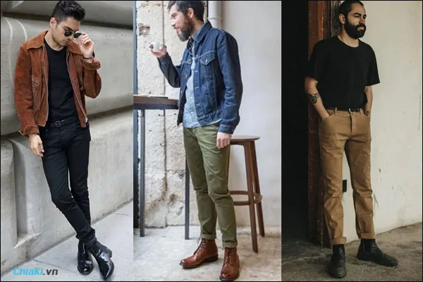 phối đồ với gi&agrave;y boot nam v&agrave; quần kaki