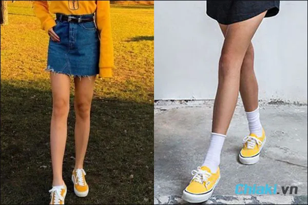 Phối đồ với gi&agrave;y Vans v&agrave;ng cho nữ