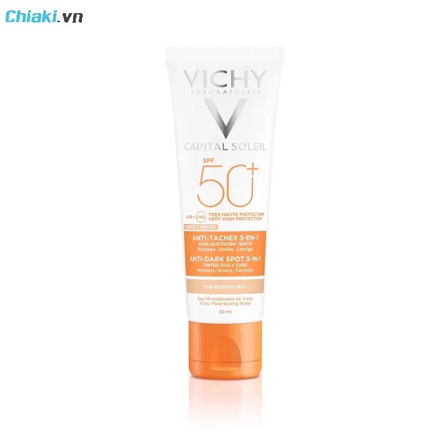 Kem chống nắng Vichy vạch v&agrave;ng Capital Soleil UVB+UVA Anti Dark Spot 3 in 1