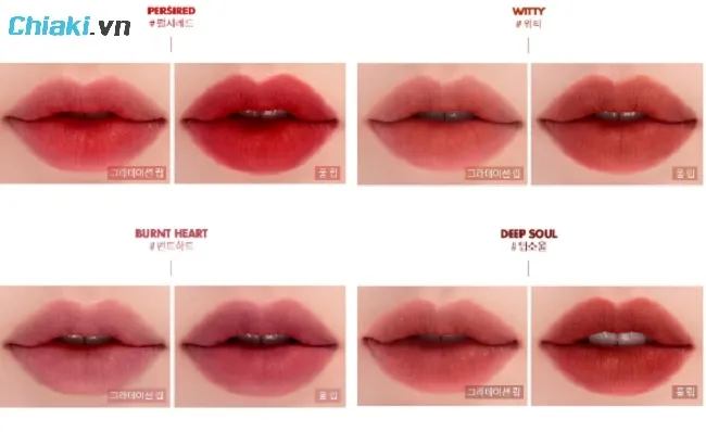 Bảng m&agrave;u son kem l&igrave; Romand Zero Velvet Tint được swatch tr&ecirc;n m&ocirc;i