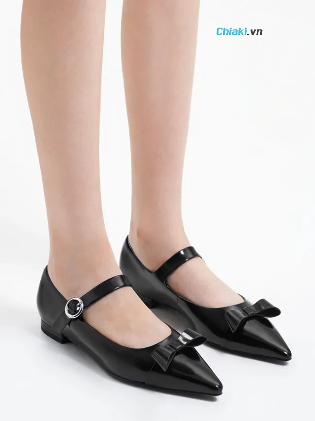 Gi&agrave;y bệt Charles & Keith Leather Bow Mary Jane Flats