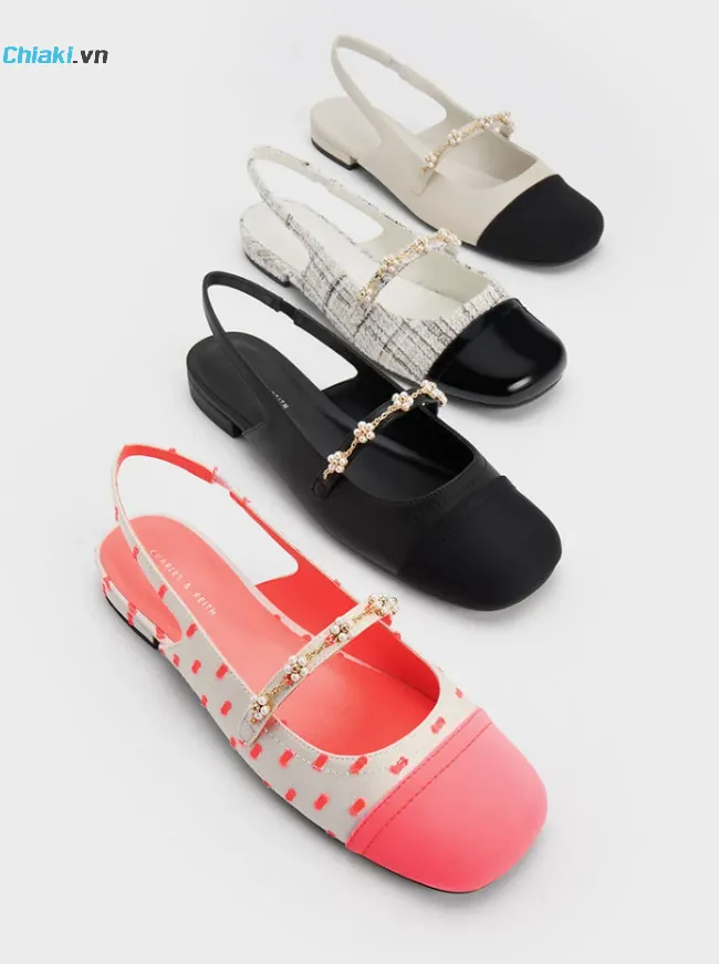 Gi&agrave;y bệt nữ Charles & Keith Beaded Flower Tweed Slingback Flats