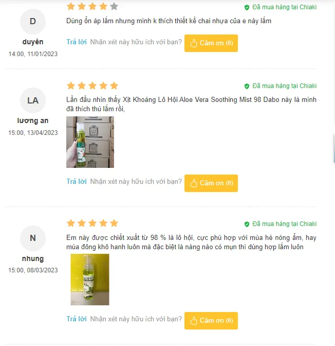 Đ&aacute;nh gi&aacute; Xịt kho&aacute;ng l&ocirc; hội Aloe Vera Soothing Mist 98 Dabo