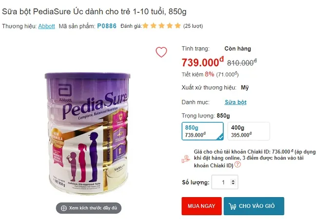Sữa Pediasure gi&aacute; bao nhi&ecirc;u