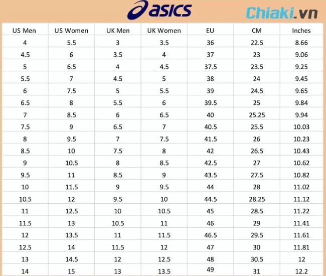 Bảng size gi&agrave;y chạy bộ Asics