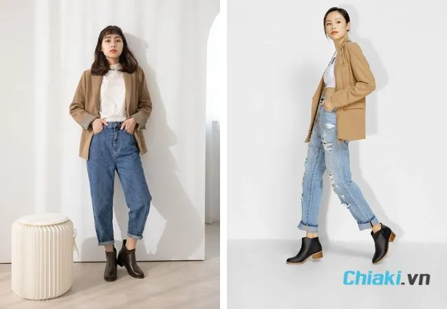 Phối blazer với gi&agrave;y boot nữ cổ thấp