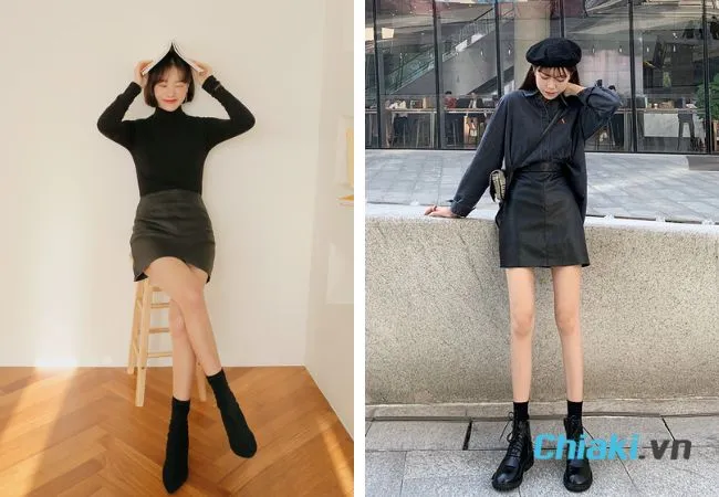 Phối ch&acirc;n v&aacute;y da với gi&agrave;y boot nữ cổ thấp