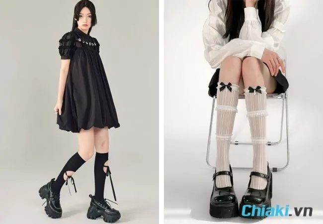 phối gi&agrave;y với tất ngang gối cho nữ
