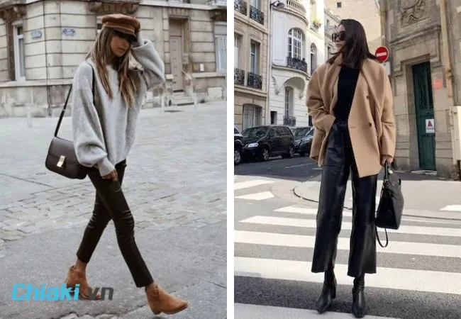 Phối quần da với gi&agrave;y boot nữ cổ thấp