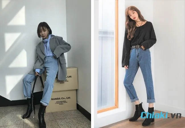 Phối quần jeans cạp cao với gi&agrave;y boot nữ cổ thấp