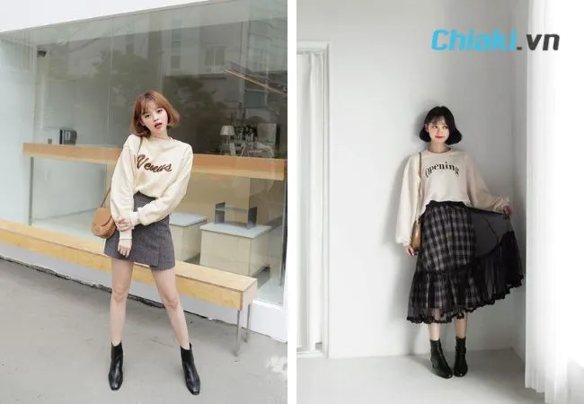 Phối sweater với gi&agrave;y boot nữ cổ thấp