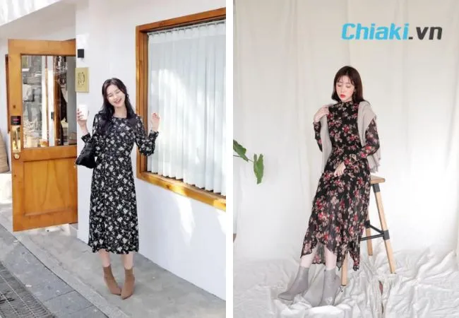 Phối v&aacute;y hoa với gi&agrave;y boot nữ cổ thấp