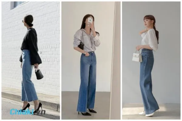 Quần Jean ống rộng kết hợp với gi&agrave;y cao g&oacute;t