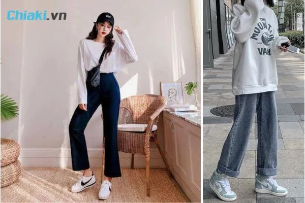 Quần Jean ống rộng kết hợp với gi&agrave;y Sneaker