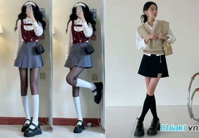 Áo len Gile ph&ocirc;́i cùng ch&acirc;n váy và giày lười c&aacute; t&iacute;nh, trẻ trung