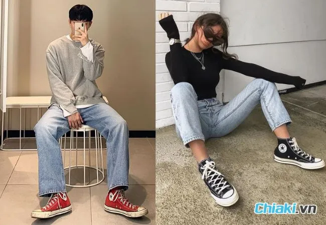 &Aacute;o d&agrave;i tay v&agrave; quần jean với Converse cổ cao