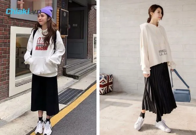 &Aacute;o hoodie mix c&ugrave;ng gi&agrave;y sneaker trắng nữ