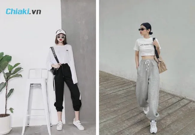 C&aacute; t&iacute;nh với quần jogger c&ugrave;ng gi&agrave;y thể thao nữ trắng