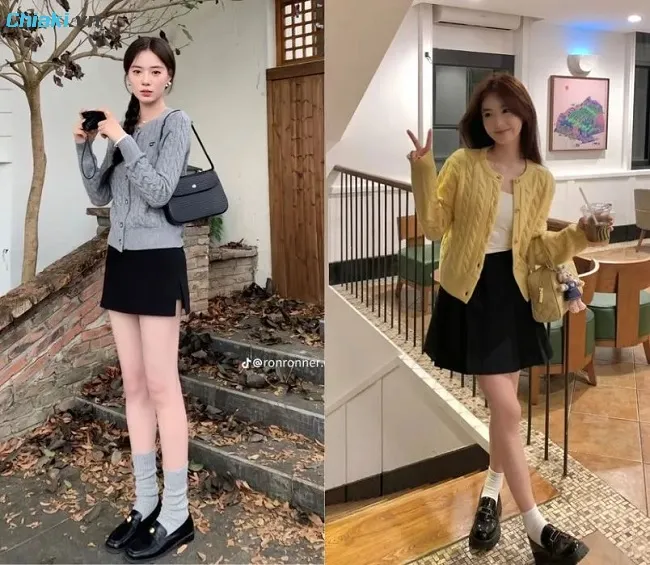 C&aacute;ch ph&ocirc;́i đ&ocirc;̀ với giày búp b&ecirc; và áo Cardigan khiến d&aacute;ng thanh tho&aacute;t hơn