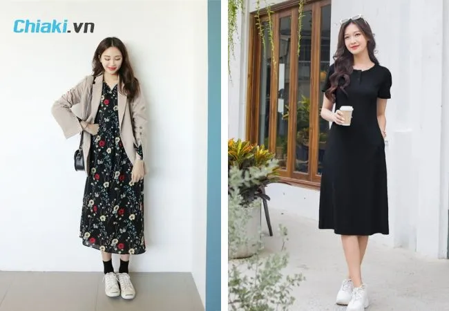 Dịu d&agrave;ng mix c&ugrave;ng đầm su&ocirc;ng v&agrave; gi&agrave;y thể thao trắng nữ
