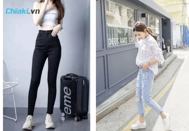 Kết hợp gi&agrave;y thể thao nữ trắng c&ugrave;ng quần skinny