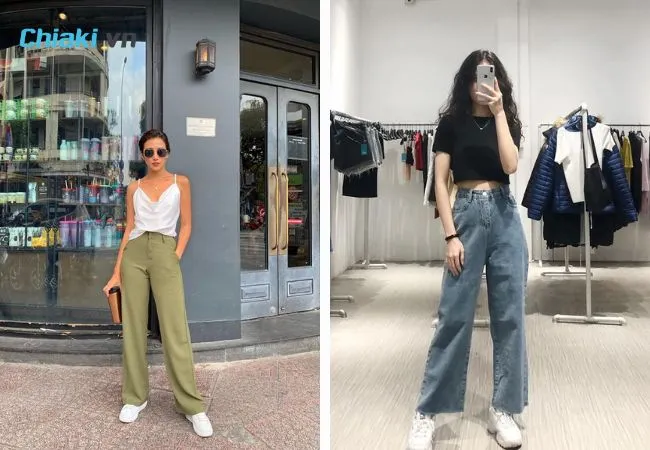 Kết hợp quần ống rộng c&ugrave;ng gi&agrave;y thể thao trắng